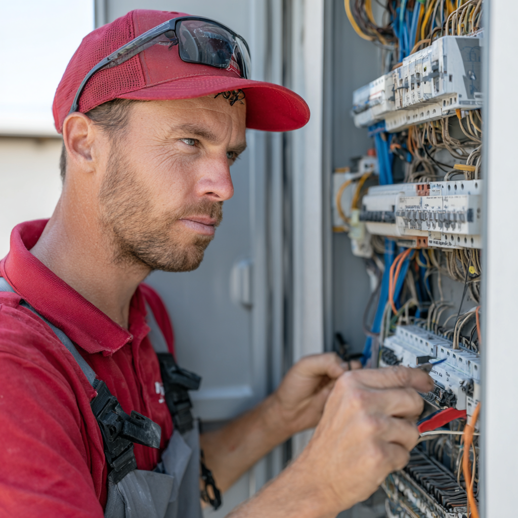 Licensed electrician diagnosing and repairing faulty electrical outlet with professional testing equipment