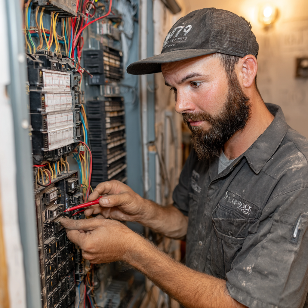 Electrician repairing faulty electrical outlet and troubleshooting circuit breaker issues