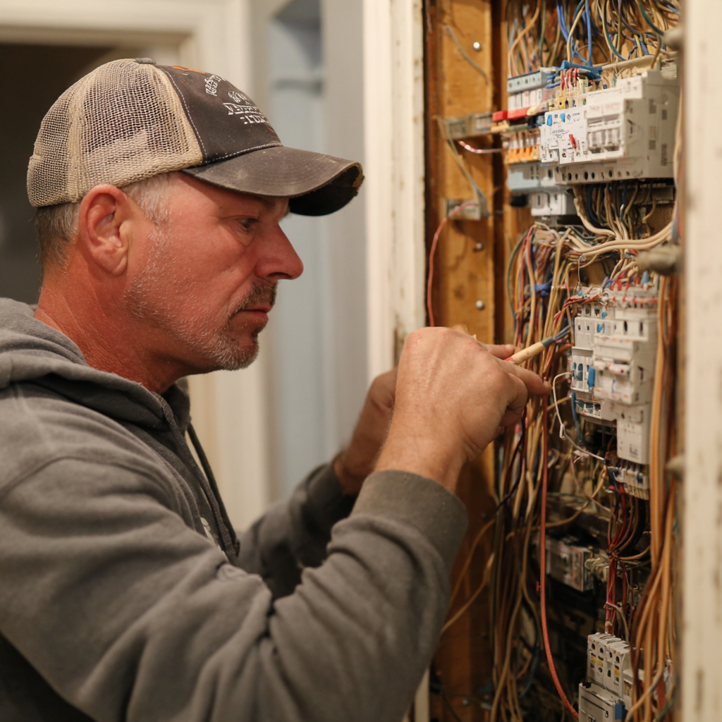 Homeowner and electrician planning electrical system upgrades for residential property with assessment and consultation
